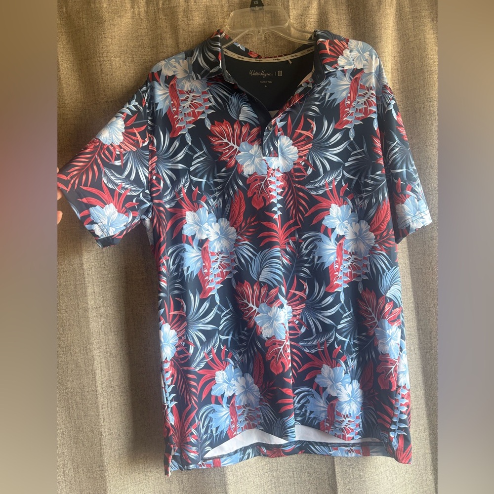 Walter Hagen Men's Hawaiian Golf Shirt - Red and Blue Floral